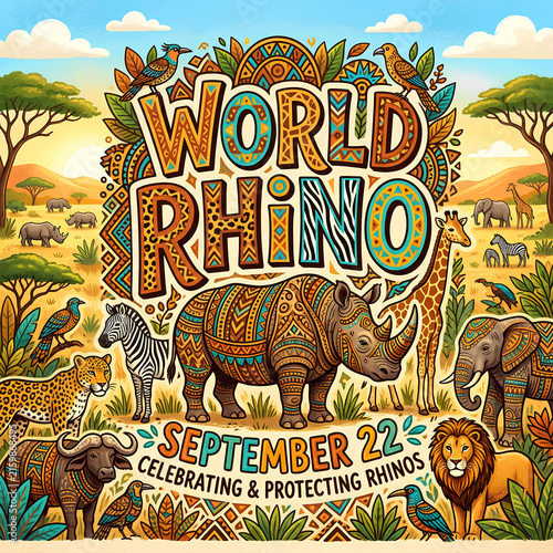 Ethnic World Rhino Day poster with savanna animals.