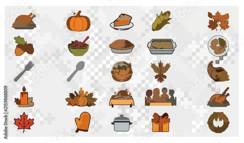 Thanksgiving Flat Design Icon Set with Turkey Pumpkin Harvest Food and Celebration Symbols