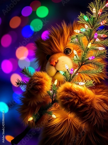 Furry friend holds twinkling Christmas tree branch with colorful lights, Winter, Snowy