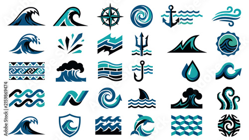 Set of ocean wave and nautical symbols in blue teal against white background vector illustration