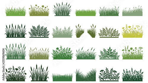 Various Green Grass and Reed Bunches in Flat Vector Style with Subtle Texture