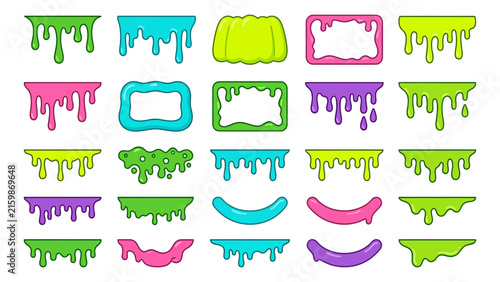 Vibrant Dripping Slime Elements and Frames with Gelatin Shape on White Background Vector Illustration