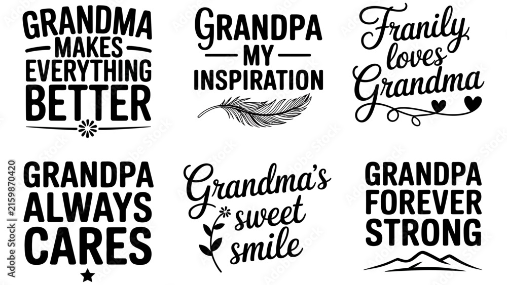 Fototapeta premium Grandma and grandpa quotes set, family typography vectors, 6 t-shirt designs Editable Vector