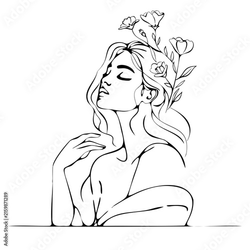 Woman face profile with delicate botanical flowers blooming from hair for beauty salon branding wellness spa logos or organic cosmetic designs.