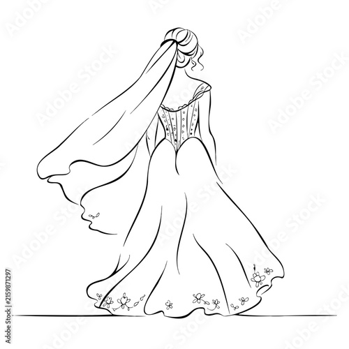 Woman wearing wedding gown with long veil standing back view isolated line drawing for romantic bridal event invitation card design.