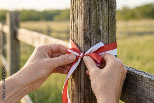 Hands tying red and white ribbon on wooden fence for Indonesia Independence Day celebration