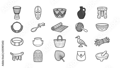  Traditional African Culture Artifacts and Tribal Souvenir Hand Drawn Vector Icon Set with Mask Djembe Drum Wood Carvings and Folk Craft Symbols for Travel
