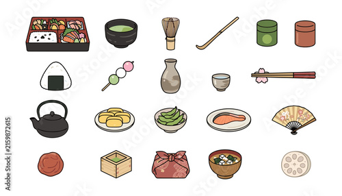 Traditional Japanese Cuisine and Matcha Tea Ceremony Vector Icon Set with Bento Box Onigiri Dango Sake and Edamame Symbols for Restaurant Menu App Designs.