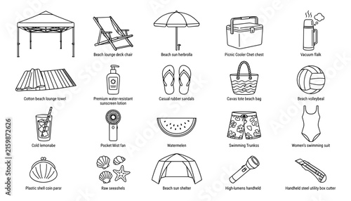  Beach Vacation Gear and Summer Holiday Accessories Minimal Line Vector Icon Set with Lounge Chair Umbrella Swimwear Volleyball and Picnic Cooler Box Symbols