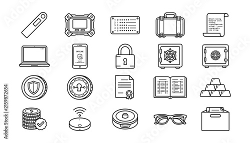 Crypto Hardware Wallet and Cold Storage Data Security Minimal Line Vector Icon Set with Vault Passphrase Encryption Key and Blockchain Asset Protection Symbols