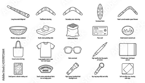  Australian Indigenous Culture Souvenir and Outdoor Travel Merchandise Minimal Line Vector Icon Set with Boomerang Didgeridoo Tribal Shield and Explorer Gear Symbols