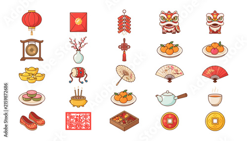  Chinese New Year Lunar Festival Celebration Vector Icon Set with Red Envelope Lantern Lion Dance Firecracker Sycee and Traditional Food Graphic Symbols