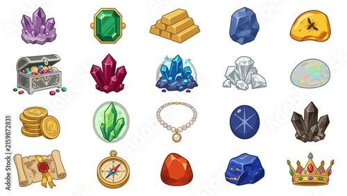 Bild auf Leinwand Treasure Icons with Gems Gold Coins and Map for Game Design or Fantasy Concepts