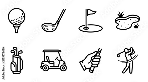 Golf Icons Set: Ball, Club, Flag, Cart, Bag, Player, Grip, Bunker, Vector Graphics
