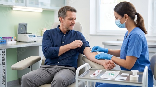 A male patient with a friendly smile gives his arm to a nurse who is preparing to draw blood in a medical laboratory.