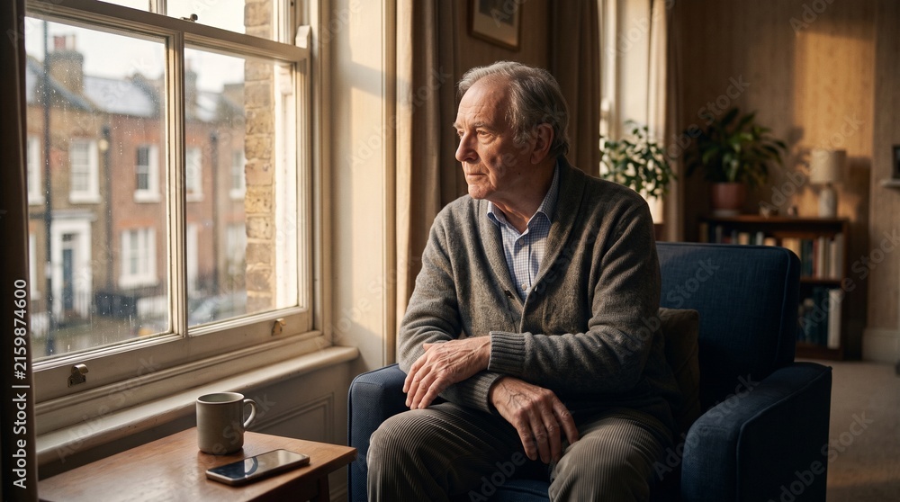 Fototapeta premium An elderly man sits in an armchair, gazing pensively out of a window at the street outside. Sunlight streams into the room, casting long shadows and highlighting his thoughtful expression.
