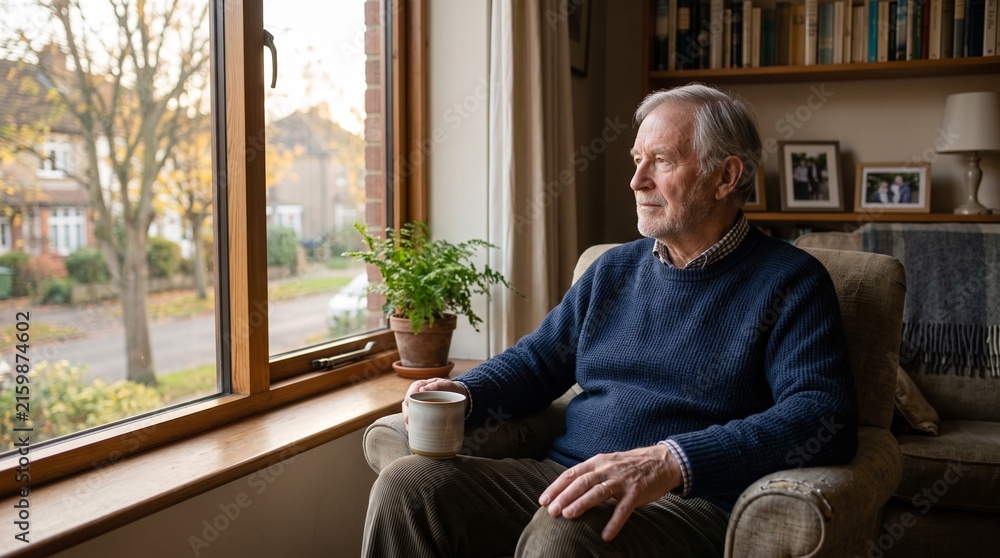 Fototapeta premium An elderly man sits in a comfortable armchair, holding a warm mug and gazing thoughtfully out the window at a serene autumn landscape.