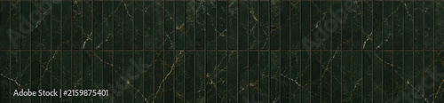 Panoramic dark green marble finger mosaic tiles with fine gold veining arranged vertically