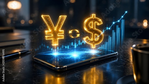 Mobile forex trading app showing Yen and Dollar exchange hologram on smartphone with rising stock market charts on desk