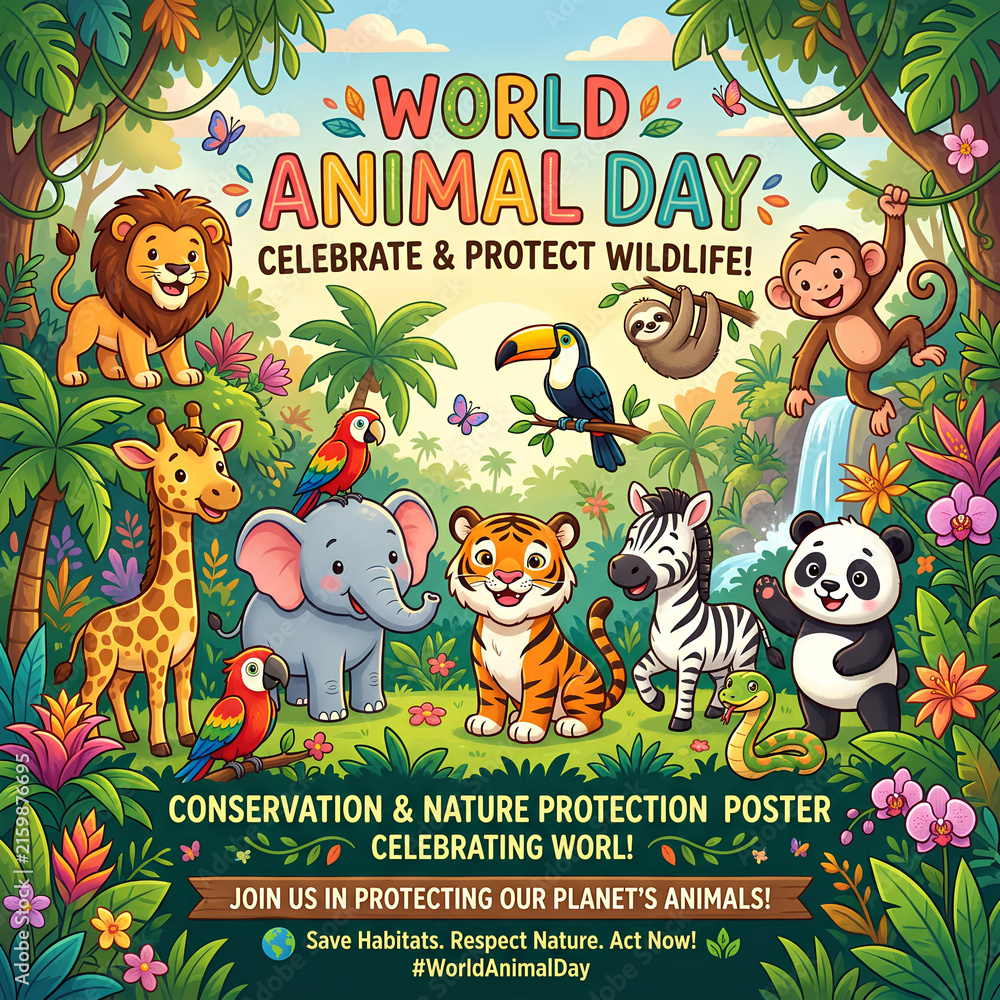Fototapeta premium Jungle animals celebrating World Animal Day on nature poster.
