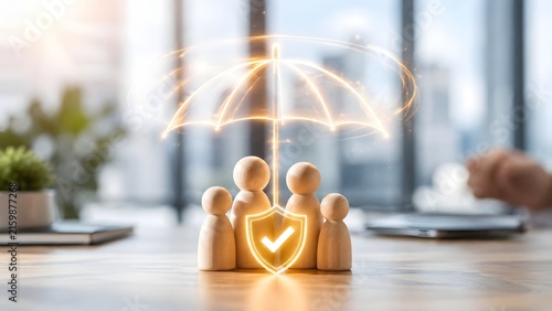 Modern family life insurance concept with wooden figures protected by a glowing digital wireframe umbrella and safety shield on an office desk.