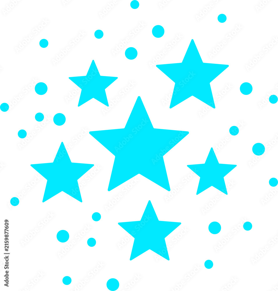 Obraz premium Bright cyan stars and scattered circular dots on a clean white background for festive graphic design projects