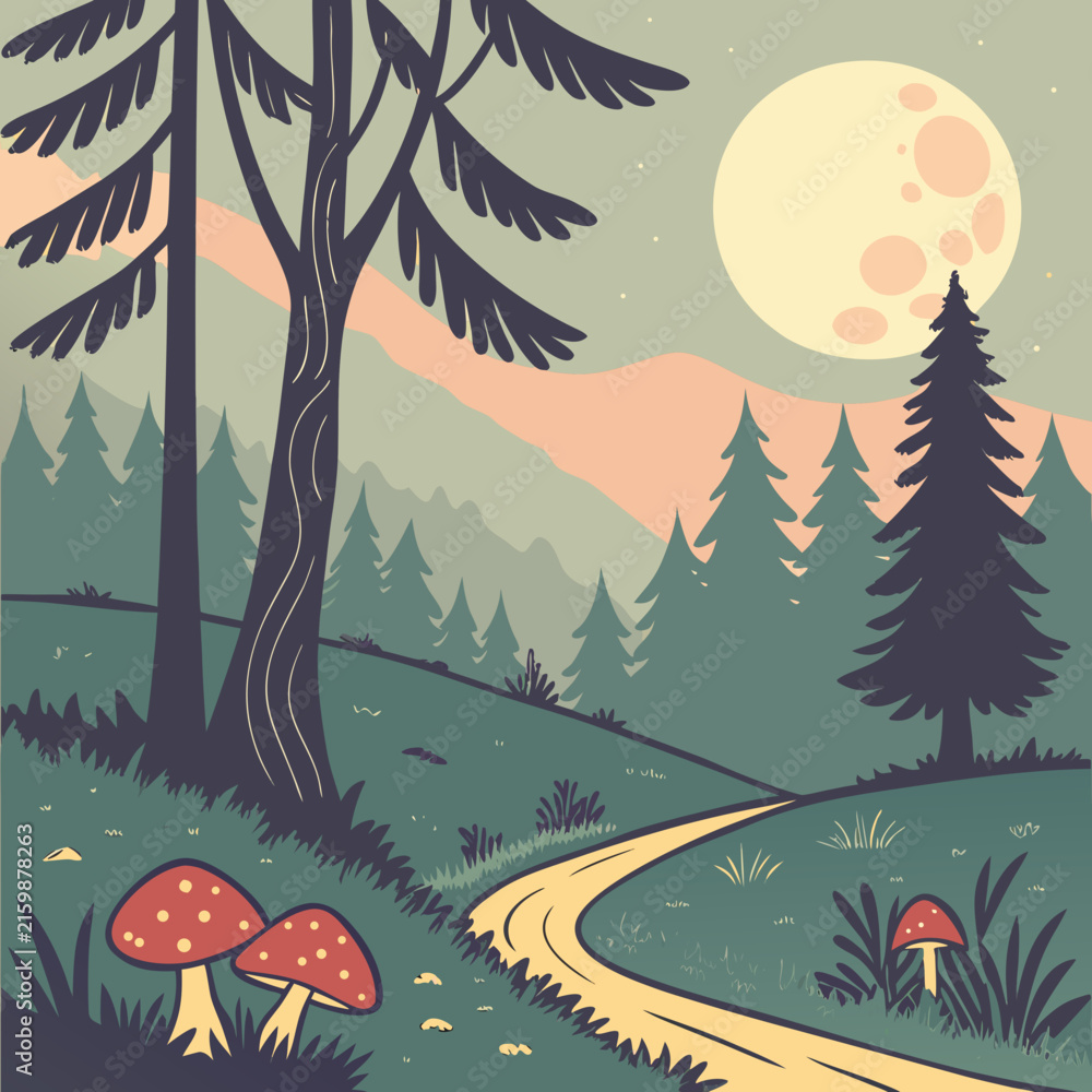 Naklejka premium Enchanted forest landscape at night with pine trees, mushrooms, and a glowing full moon