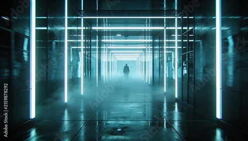 Standing silhouetted man wearing long coat, walking in futuristic corridor with LED light bars, fog