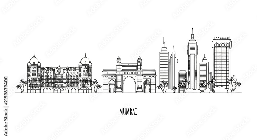 Fototapeta premium Mumbai Skyline Silhouette: Gateway of India, Taj Mahal Palace, Modern Buildings