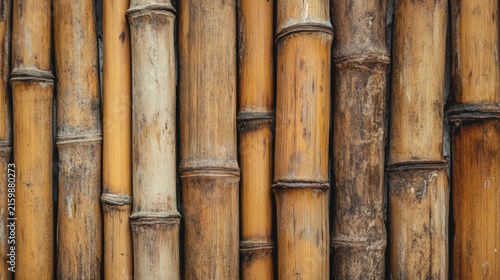 Close up of a rustic wall made of natural bamboo poles