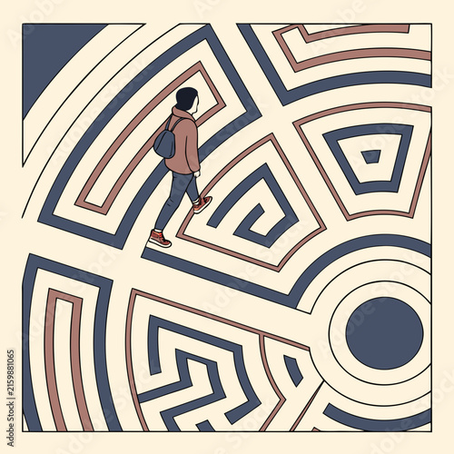 Retro vector illustration of a person walking through a complex circular maze pattern