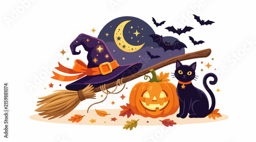 A Halloween illustration featuring a witch's hat, broomstick, jack-o'-lantern, and a black cat under a crescent moon and night sky filled with bats
