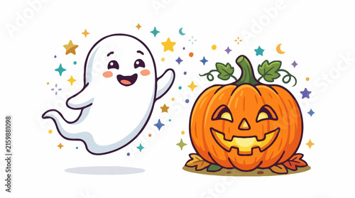 A cute cartoon ghost and a carved pumpkin for Halloween. The ghost is floating happily, surrounded by stars and sparkles, while the pumpkin sits on autumn leaves, its face glowing