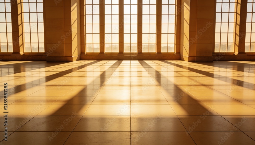 Fototapeta premium Showcasing shiny tiled floor at gallery reflecting windows and broad columns, casting long shadows