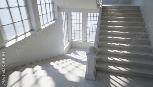Showing central stairs, sunlight casting grid shadows from tall windows on newel post in museum