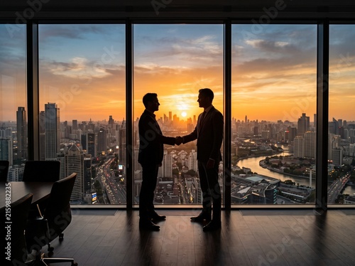 Business Executives Handshake Partnership Silhouette, Panoramic Office Windows Overlooking Modern City Skyline at Golden Hour Sunset