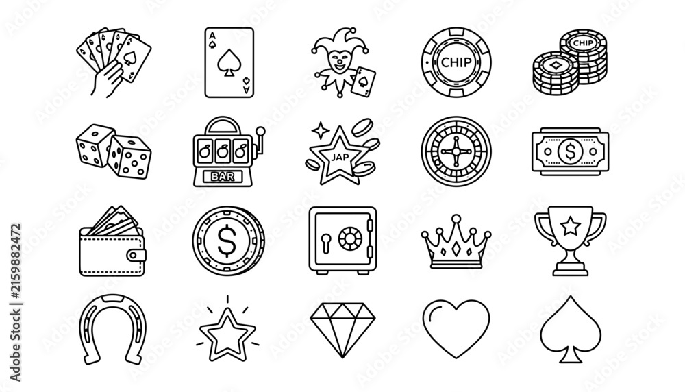 Fototapeta premium Casino and Gambling Line Art Icon Set with Poker Cards, Joker, Chips, Slot Machine, Roulette, and Jackpot Symbols