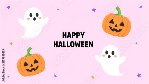 Happy Halloween greeting card with cute ghosts and jack-o-lantern pumpkins on pink background