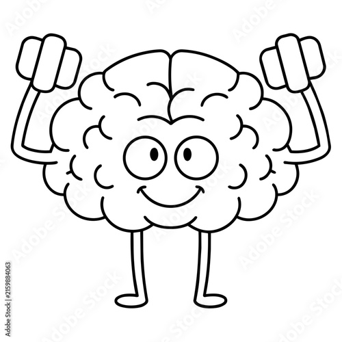 growth mindset lineart smiling brain lifting tiny weights mental strength hand drawn black and white outline