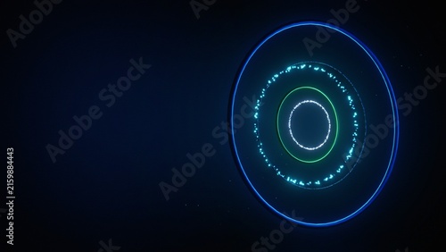 Concentric glowing neon circles with particle ring on dark background