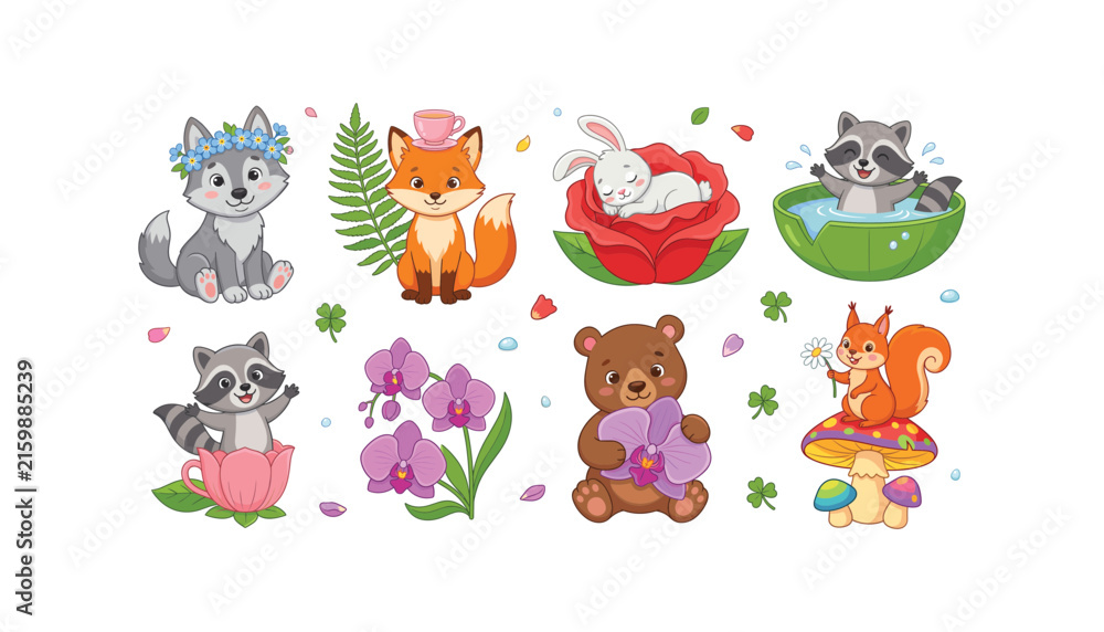 Obraz premium Cute Woodland Animals Vector Character Set with Cartoon Wolf Fox Bunny Raccoon Bear and Squirrel with Flowers for Kids Nursery Graphic Designs
