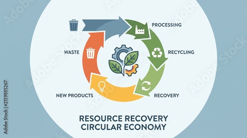 Resource recovery circular economy process cycle infographic with waste management depicts circular new products eco friendly sustainability conservation environment with processing
