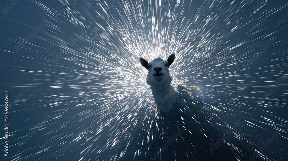 Naklejka premium A white llama stares forward, framed by bright, radiating light against a dark, blurry background