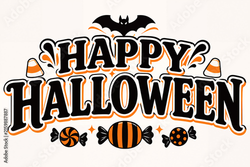Happy halloween greeting with orange and black pumpkins and bats