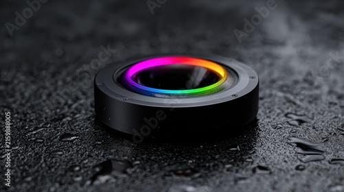 Futuristic Circular Lens with RGB LED Ring on Wet Surface
