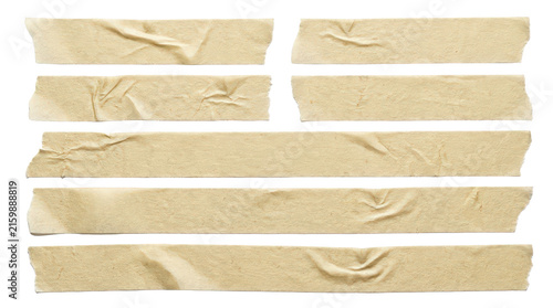 Assorted long strips of wrinkled masking tape isolated on transparent background