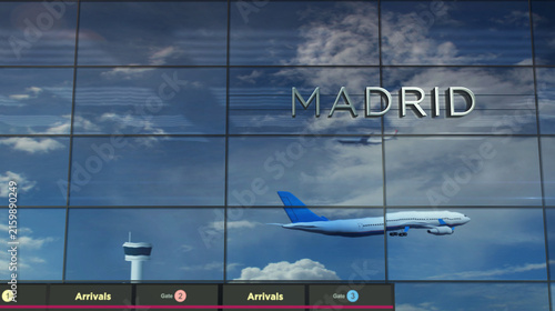 Obraz na plátne Airplane landing airport terminal arrival in Madrid Spain