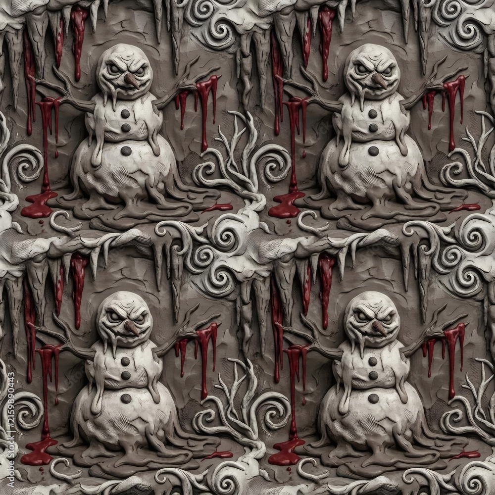 Obraz premium 3D clay gothic christmas seamless pattern with evil melting snowmen, dripping red blood, icicles, and twisted branches on gray stone wall texture