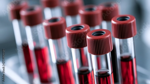 Rows of red capped vacuum tubes filled with blood samples arranged on a clinical surface under soft lighting