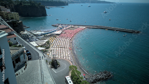 Aerial view of Meta di Sorrento beach with sun umbrellas - Italy